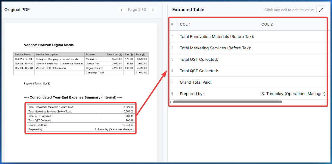 Second table extracted separately with different column structure